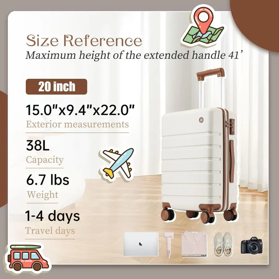 on Luggage Suitcase, 22x14x9 Airline Approved 20 Inch Hardside Carryon Luggage with Spinner Wheels, Hard Shell Luggage with TSA