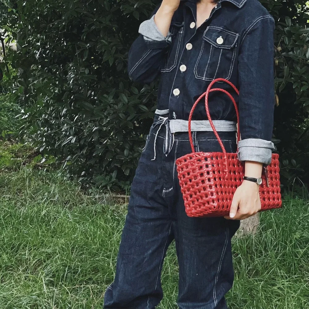 

Plastic Hollow Weave Bag Countryside Style Bohemian Style Beach Tote Bag Bucket Bag Vacation Style Vegetable Basket Bag Shopping