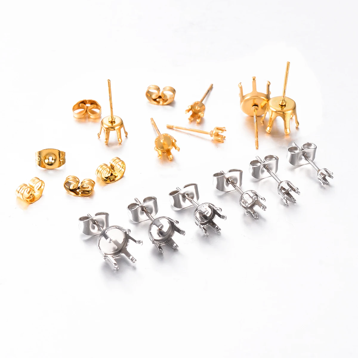 100Pcs 3-8mm Round Stainless Steel Silver Gold Colour 6-claw Bottom Accessories Connector for Women\'s Earrings DIY Making