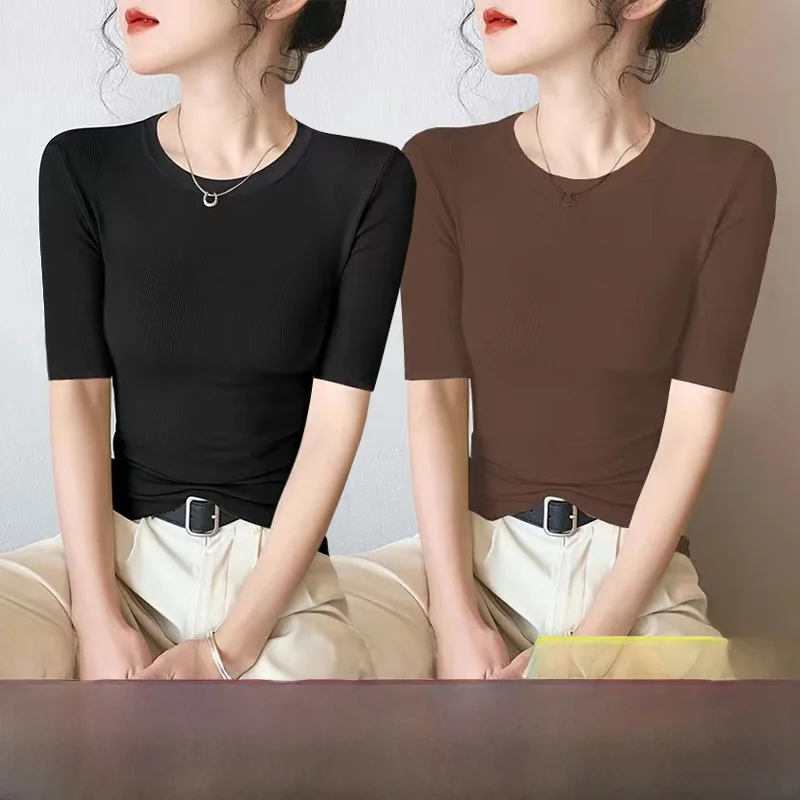 Women's Modal Five-Quarter Sleeve T-Shirt round Neck Thin Base Shirt Fall New Style plus Size Inner Wear Commute Fashion Slim...