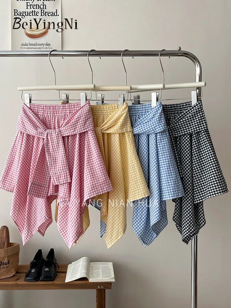Beiyingni Japanese Preppy Style Women Skirt Plaid Casual Irregular Lace-up Mini Skirts for Woman Vintage Fashion Summer Faldas