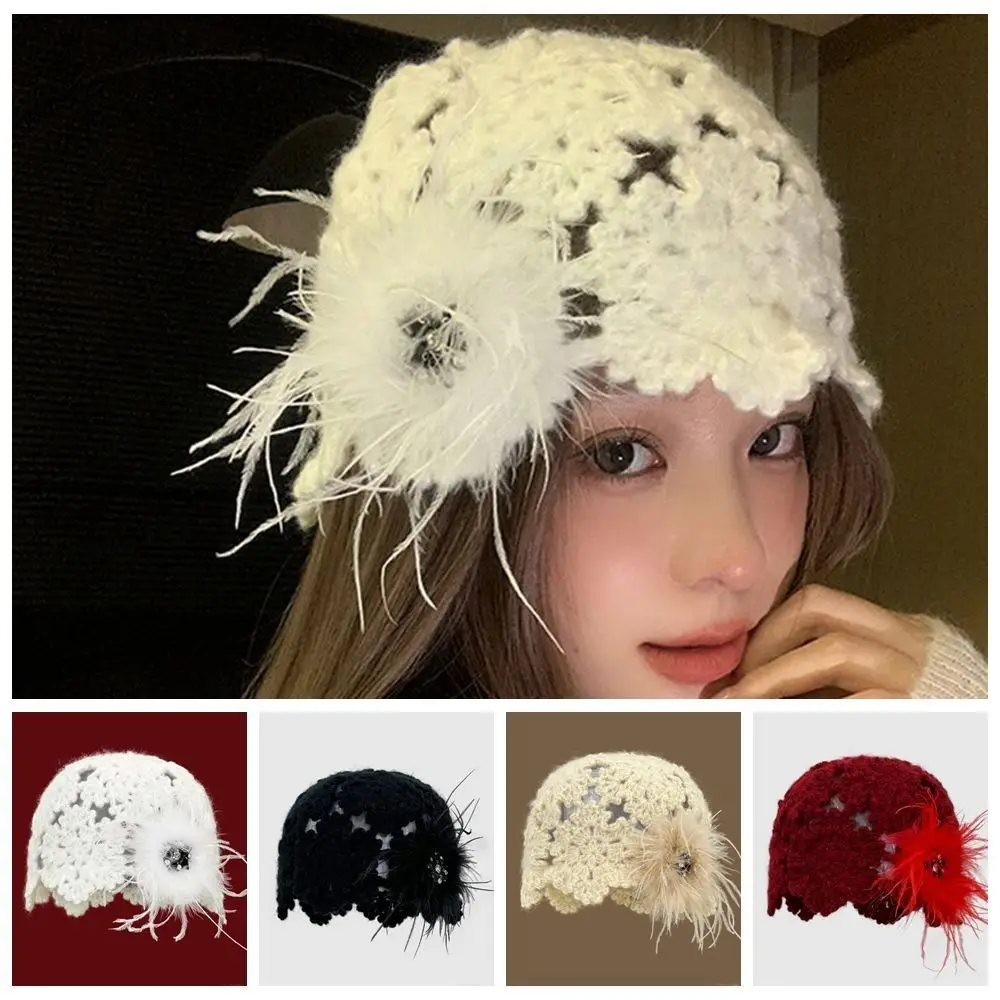 

New Design Casual Hollowed Out Knitted Hat Multicolor Portable Beret Cap Hollow Flowers Skullies Hat Outdoor