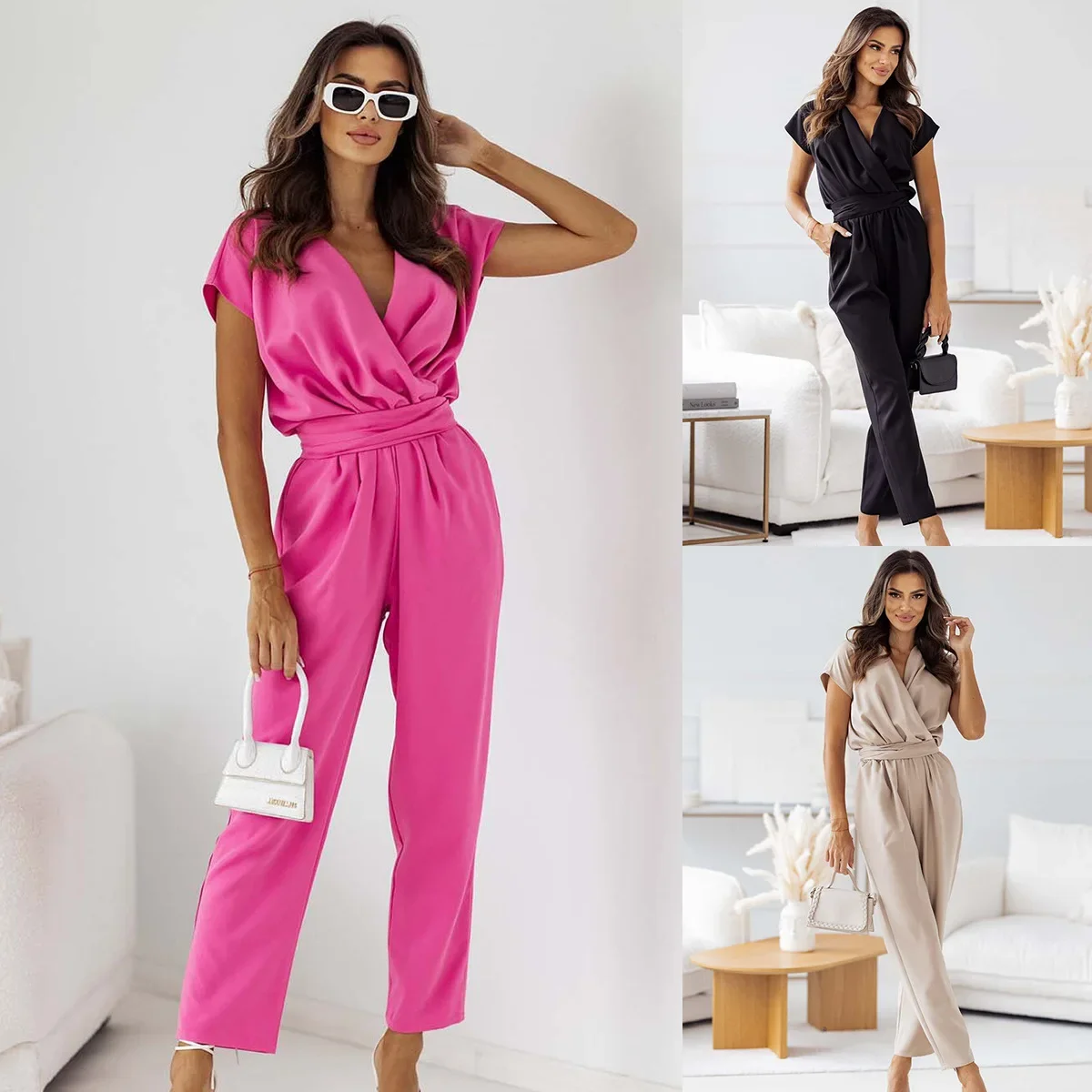 Loose Ankle Length Wide Leg Jumpsuit Summer Jumpsuits Women Solid Commuting Fashion Overalls V-neck Short Sleeve Slim Rompers