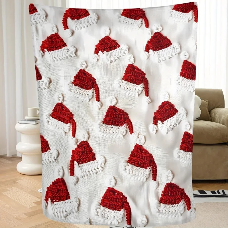 Flanell-Weihnachtsdecke – roter und weißer Weihnachtsmütze-Aufdruck, bequeme Decke für die ganze Saison, modernes Feiertags-Bettlaken