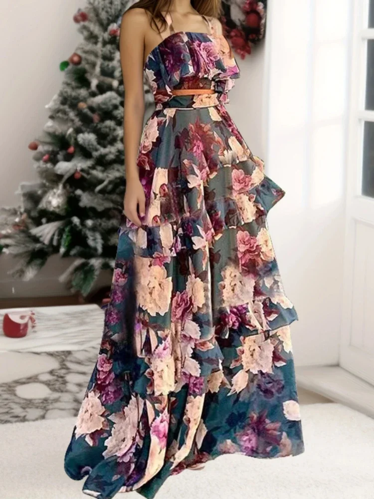 2024 المرأة قطعتين بحر أنيقة الكشكشة كم فساتين الشاطئ ورقة طباعة الأبيض فستان طويل عالية الخصر Bodycon Vestidos