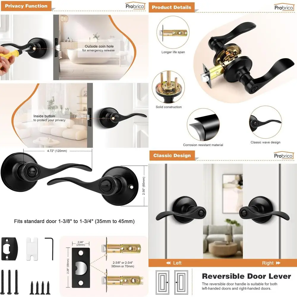 

6-Pack Matte Black Wave Style Door Levers for Privacy and Interior Use, Reversible for Right or Left Handed Doors