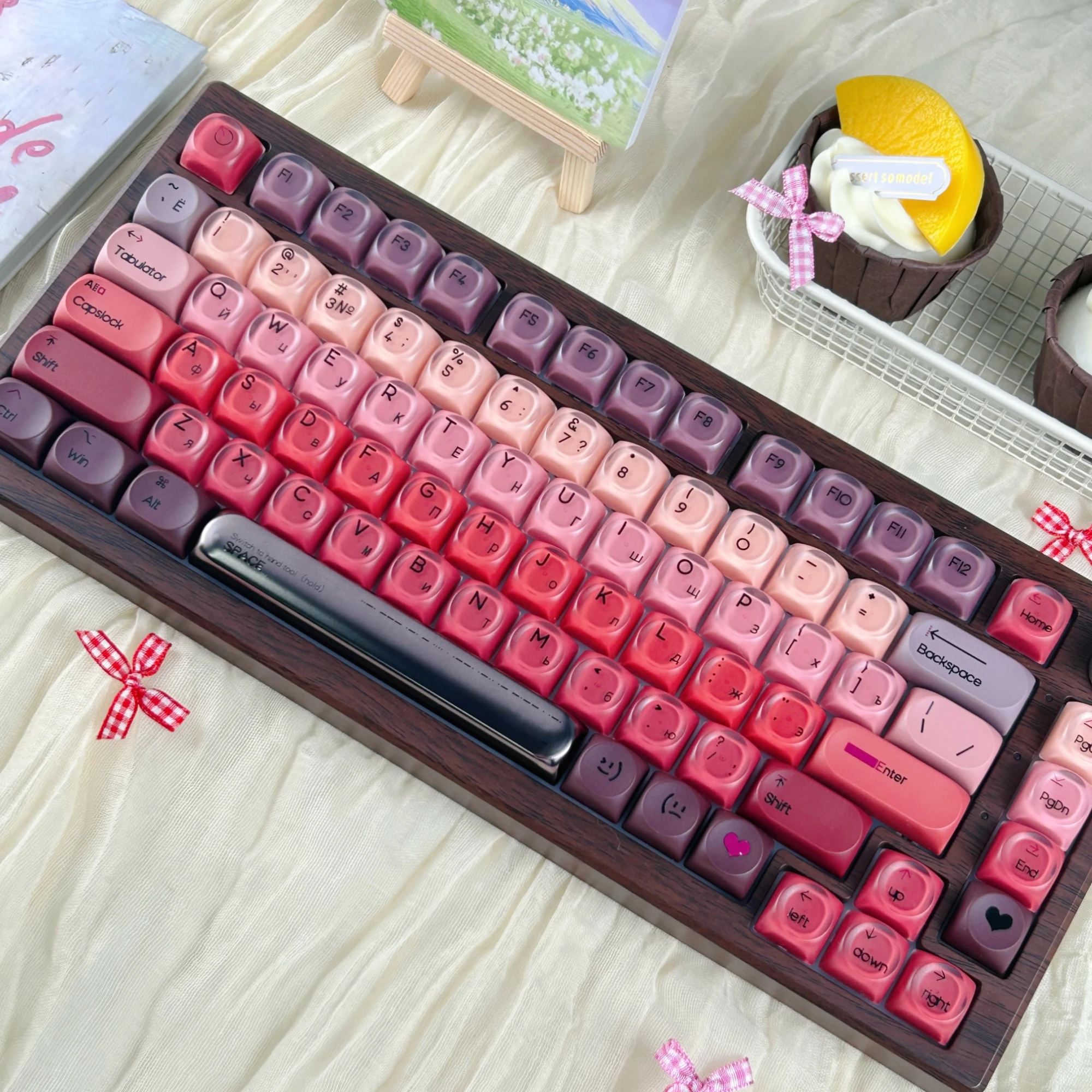 MAIMOOO Lipstick Russian Keycaps HOA Profile PBT+PC Jelly Frosted Translucent Retro Wine Red Keycaps for Mechanical Keyboard