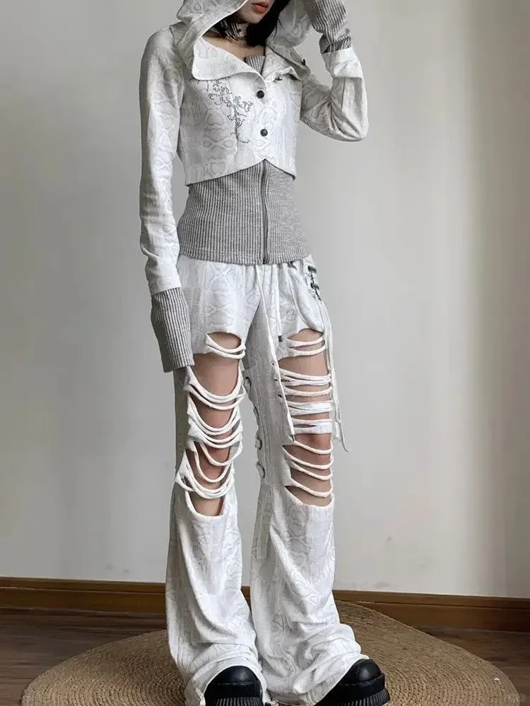 Spring Autumn Patchwork Jacket Zip Sweatshirt Women's Vintage Knitted Hooded Sweatshirt Jacket Y2K Spice Girls Slim Short Top