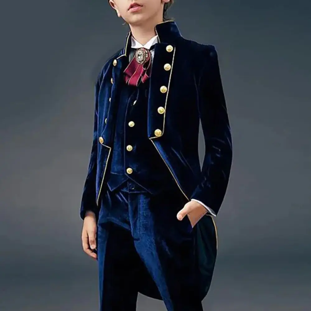 Chic Velvet Boys Suits Stand Collar Party Wedding Children Tailcoats Fashion Banquet Prom Formal Customized Kids Clothes 3 Piece