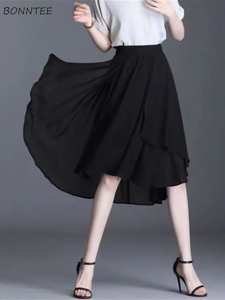 

Черные шифоновые юбки для женщин, свободные, нежные, нестандартный дизайн, высокая талия, темперамент Falda, эстетичная, универсальная, корейская модная одежда