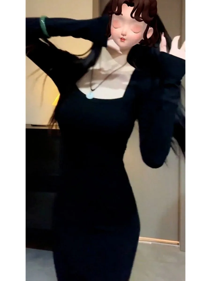 High-end gola quadrada lápis maxi vestido de manga cheia luxo rainha-chique preto bodycon sereia vestido de malha para 2025 aw luxo camadas
