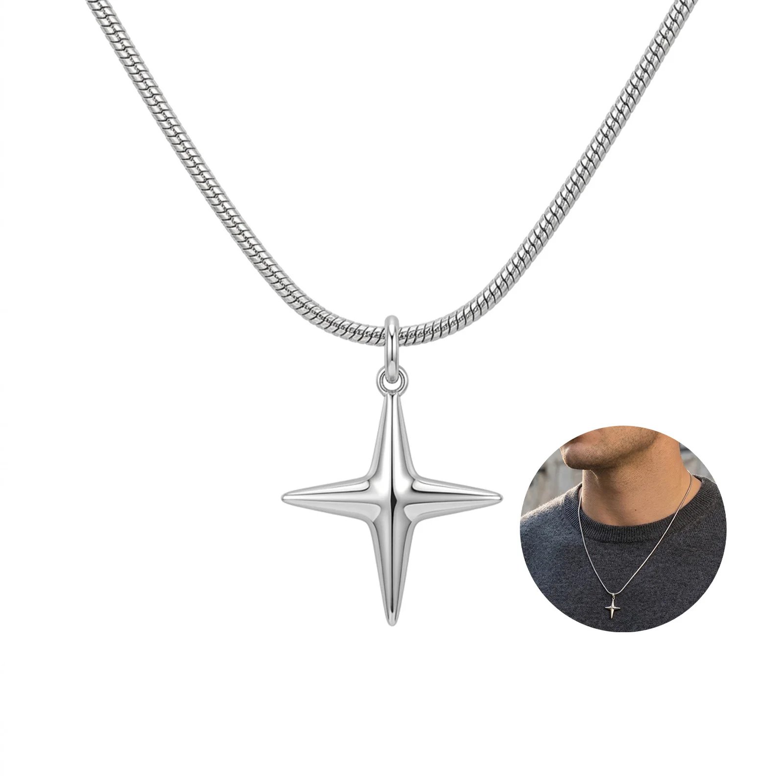 Men's Titanium Steel Cross Necklace With Star Pendant Medical Grade Allergy-Free Black And Silver Dual Tone 45+5cm