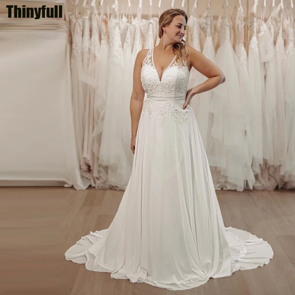 

Thinyfull Simple A-line Wedding Dresses V-neck Sleeveless Bride Gown Appliques Long Chiffon Bridal Dress Vestido De Novia 2024