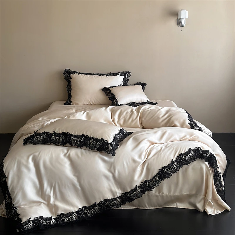 Vintage Black Lace Trim Lyocell Luxury Bedding Set 4Pcs Soft Silky Cooling Duvet Cover Set Queen King Size Bed Sheet Pillowcases