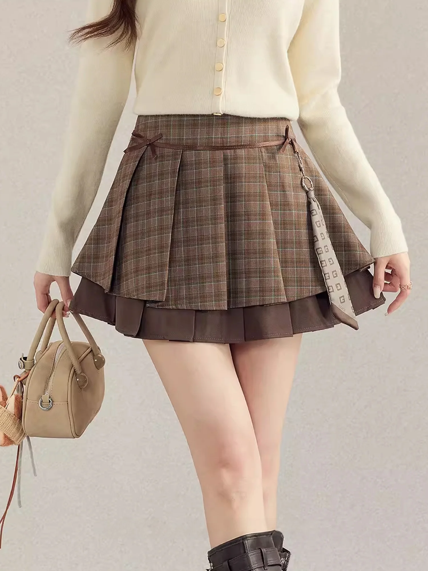 

High Waist Plaid Pleated Skirt Women's Spring Summer Knot Double Layer Design Sweet Style A-Line Skirt