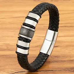 XQNI Leather Bracelet Men Classic Fashion Stainless Steel Beaded Leather Braided Rope Bangle For Charm Men Jewelry Birthday Gift