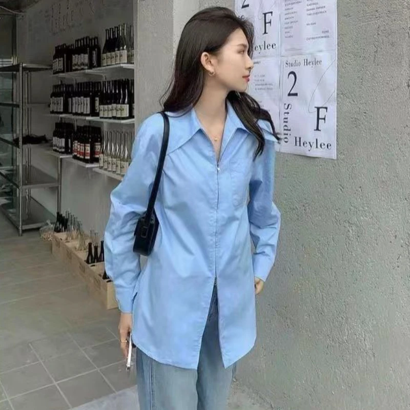 Zipper Solid Shirts Women Office Lady All-match Korean Style Minimalist Loose Long Sleeve Casual Streetwear Fashion Autumn Chic