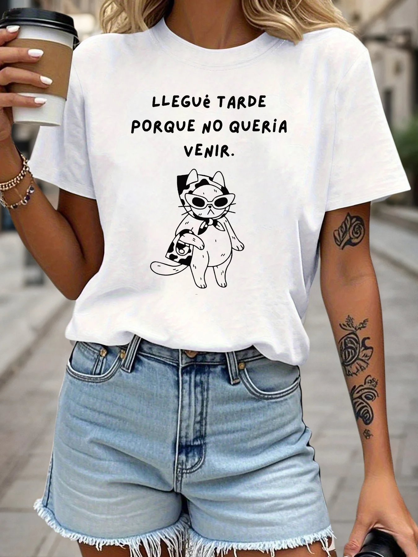 

Women's Short Sleeve T-shirt LLEGUE TARDE PORQUE NO QUERIA VENIR Spanish Letter Print Crew Neck Casual Top For Summer & Spring