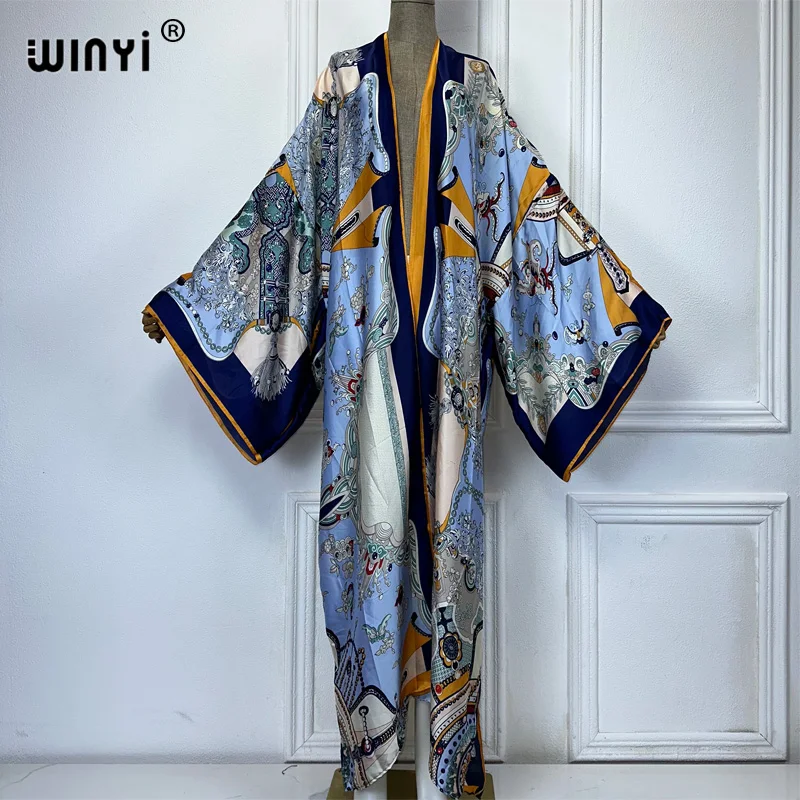 WINYI print Kimonos loose dresses for woman loose Cardigans beach outfits kaftan bikinis cover up party dress long down coat