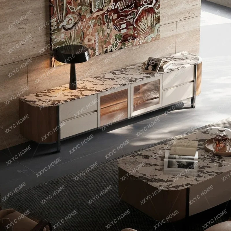 XXNatural luxury stone TV cabinet coffee table combination high-end home villa floor cabinet