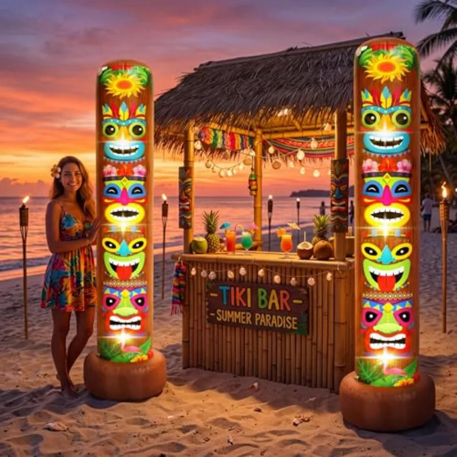 

Outdoor Hawaiian luau party decorations: 7 ft inflatable tiki figures, tropical PVC material, brown and white, weather-resistan