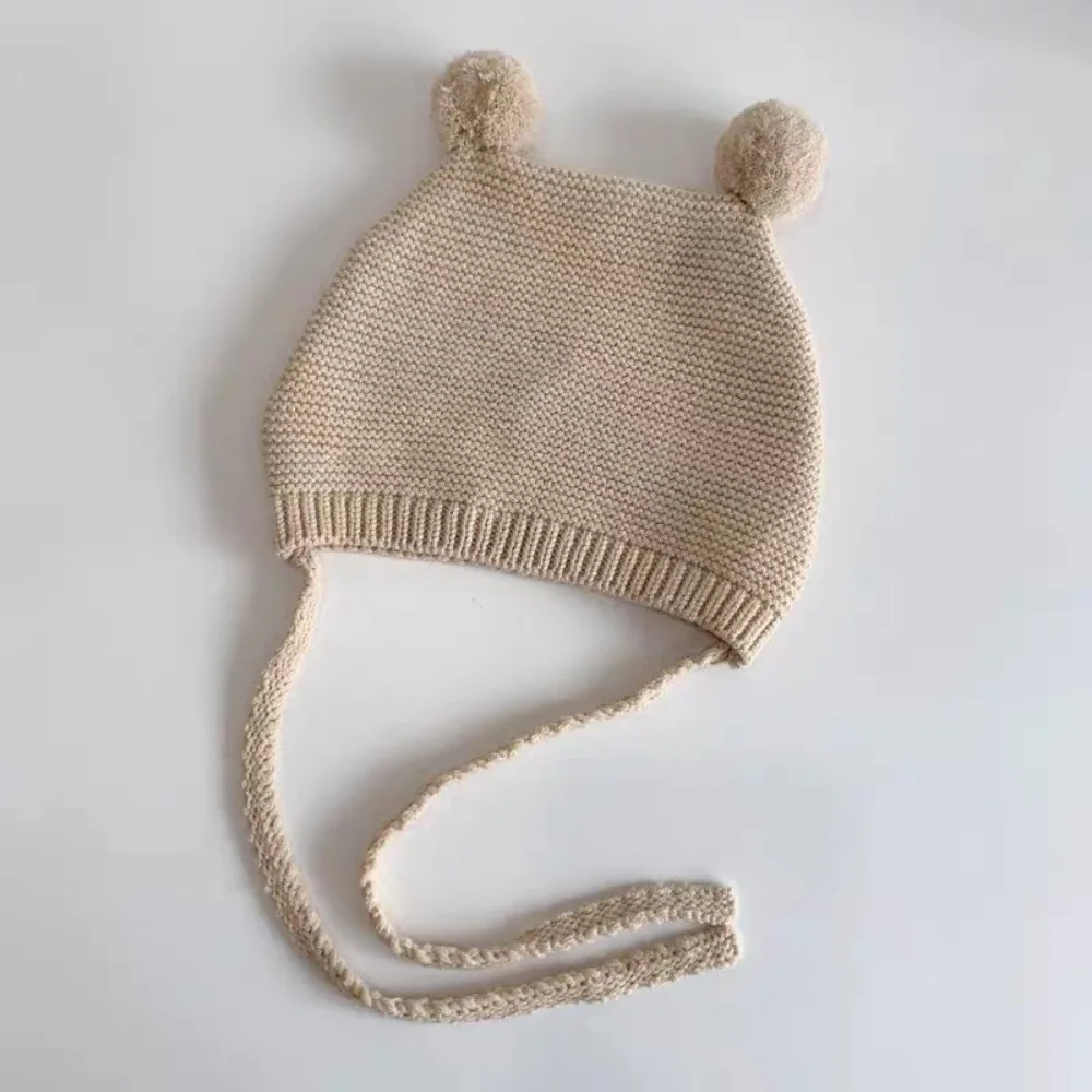 

New Korean Baby Ear Protection Hat 2-24 Months Winter Warm Toddler Knitted Hat Woolen Crochet Double Ball Kids Beanie