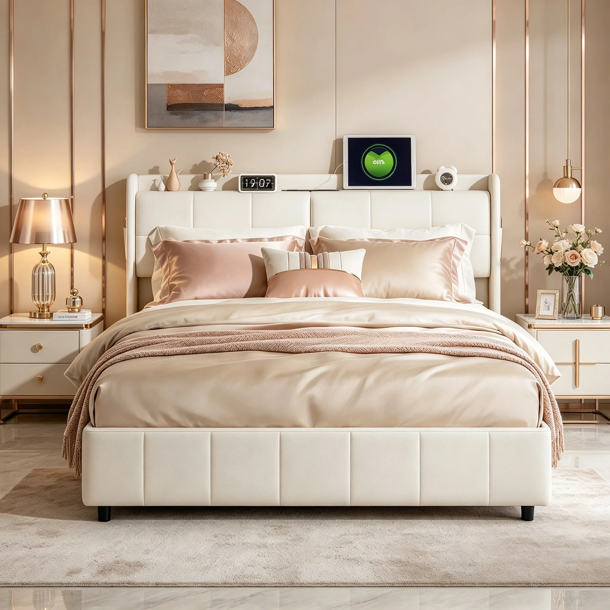 Cadre de lit en cuir synthétique Rosahqnda avec 4 tiroirs de rangement, port de chargement USB et veilleuse à commande tactile, 160x200 cm, lit moderne sur plateforme avec cadre en métal, blanc, sans matelas.