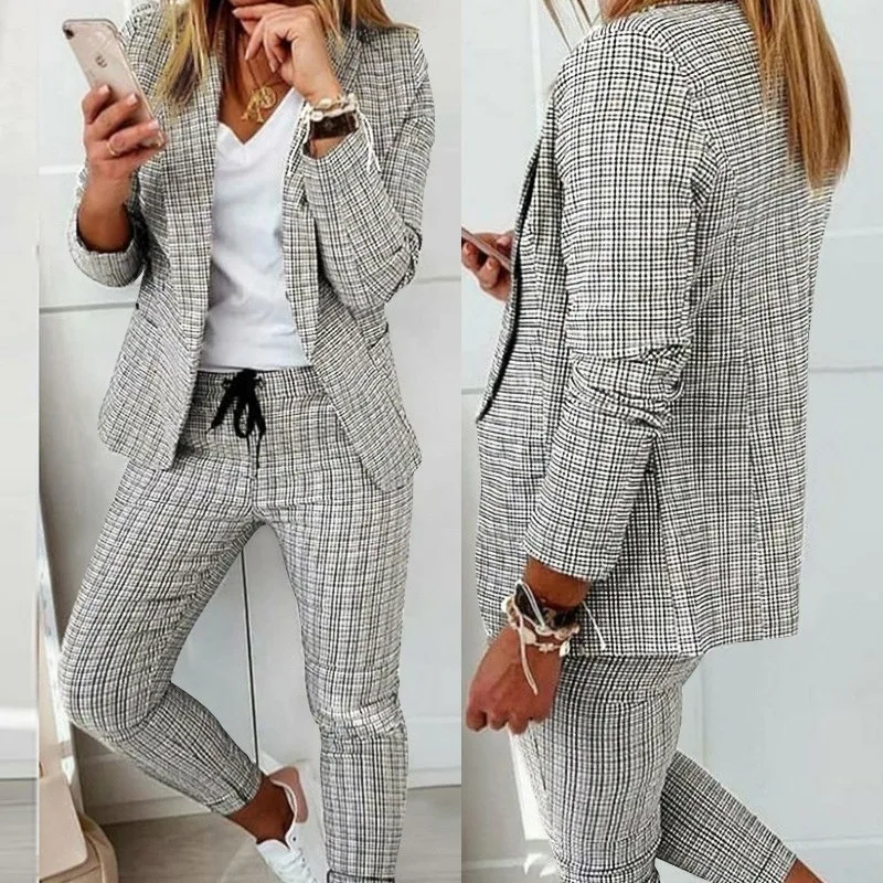

Women Print Blazer Suits Two Piece Pant Sets Turn Down Collar Coats Outerwear Pockets Drawstring Pencil Pants Slim Fit Elegant