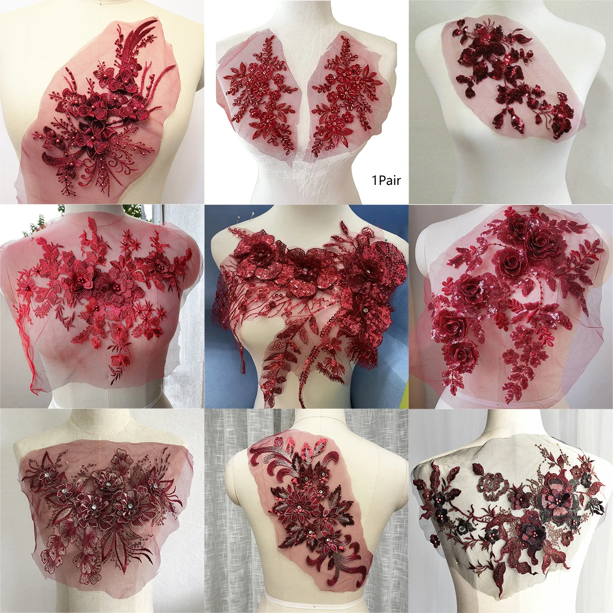 1 Stück rote Blumen-Spitzenflicken für Hochzeitskleid, Kleidung, Dekoration, Applikation
