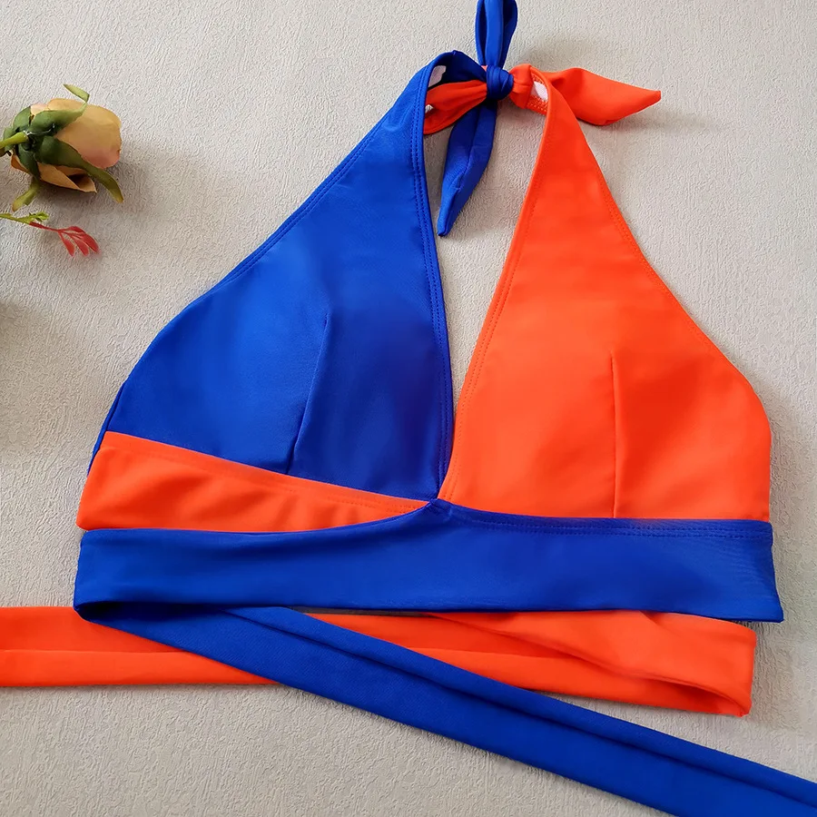 sexy blauw oranje patchwork bikini sets twee stukken bandage halter ring badpakken beachwear badpak badmode biquini tankini