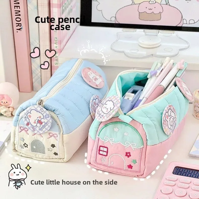 

High Appearance Level Small House Pen Bag Small Cute Fresh Large Capacity Embroidery Storage Bag Student Pencil Case