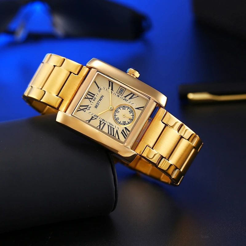 Luxury Men's Watch Men's Gold White Roman Digital Quartz Watch Metal Strap Rectangle Classic Brand Watch Business Men's Clock