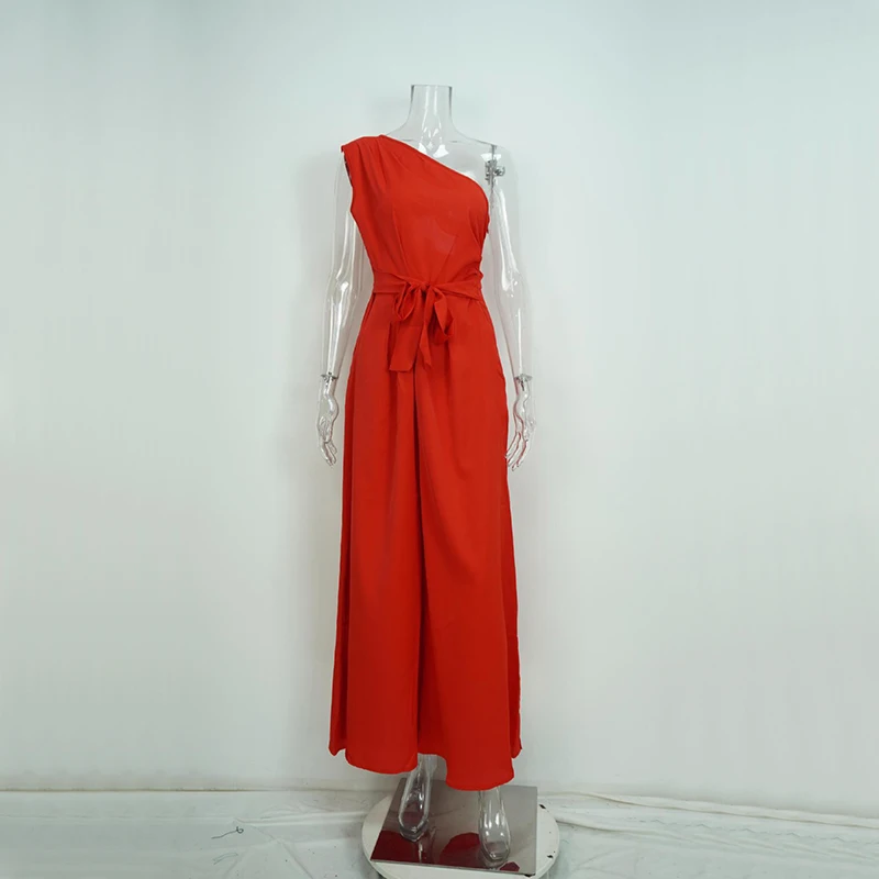 OMSJ 2025 أنيقة قطري طوق واحد الكتف بلون عالية الخصر Strappy أكمام جيب بذلة بنطال ذو قصة أرجل واسعة كلوبوير