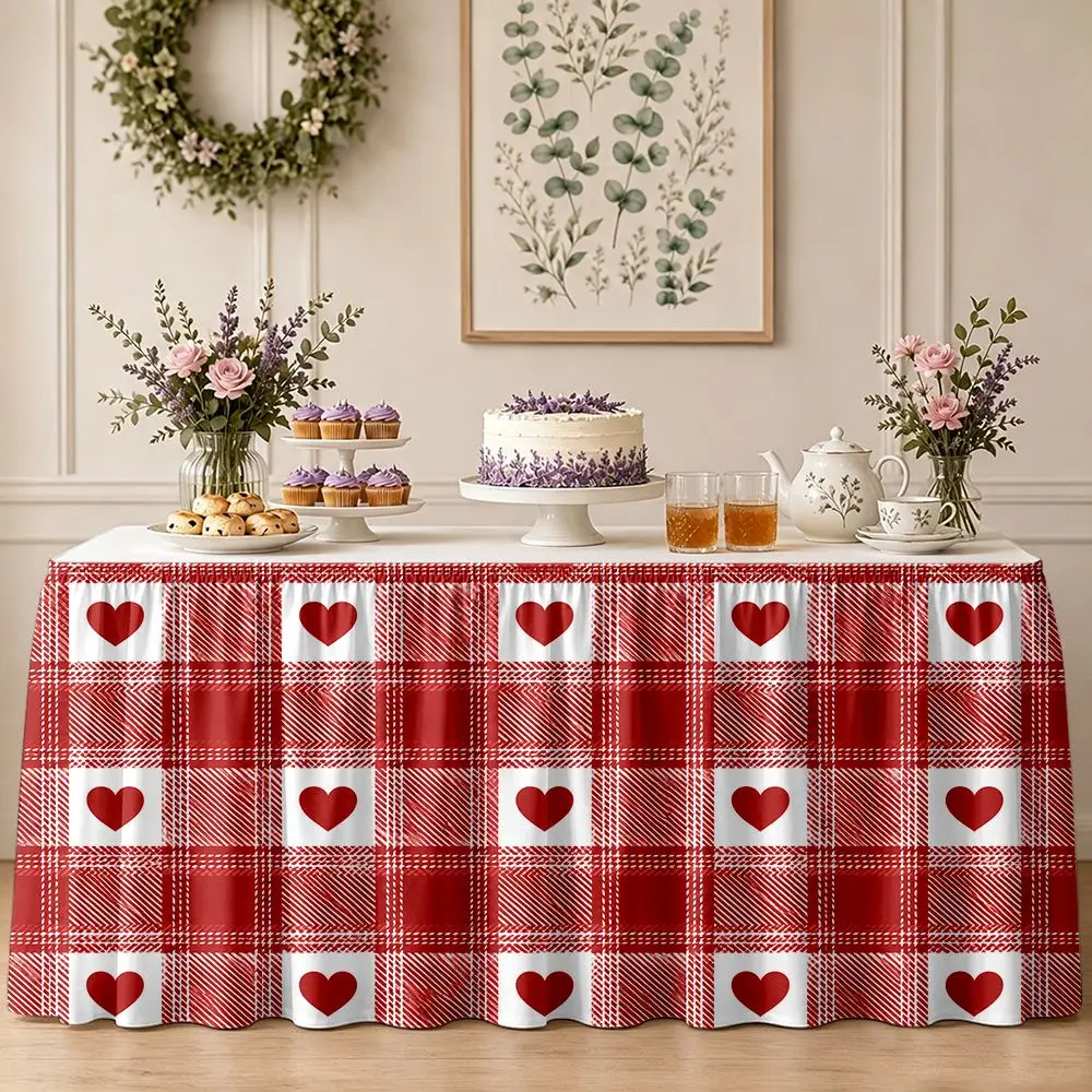One-piece table skirt decoration - red checkered with heart patterns - ruffled edge tablecloth