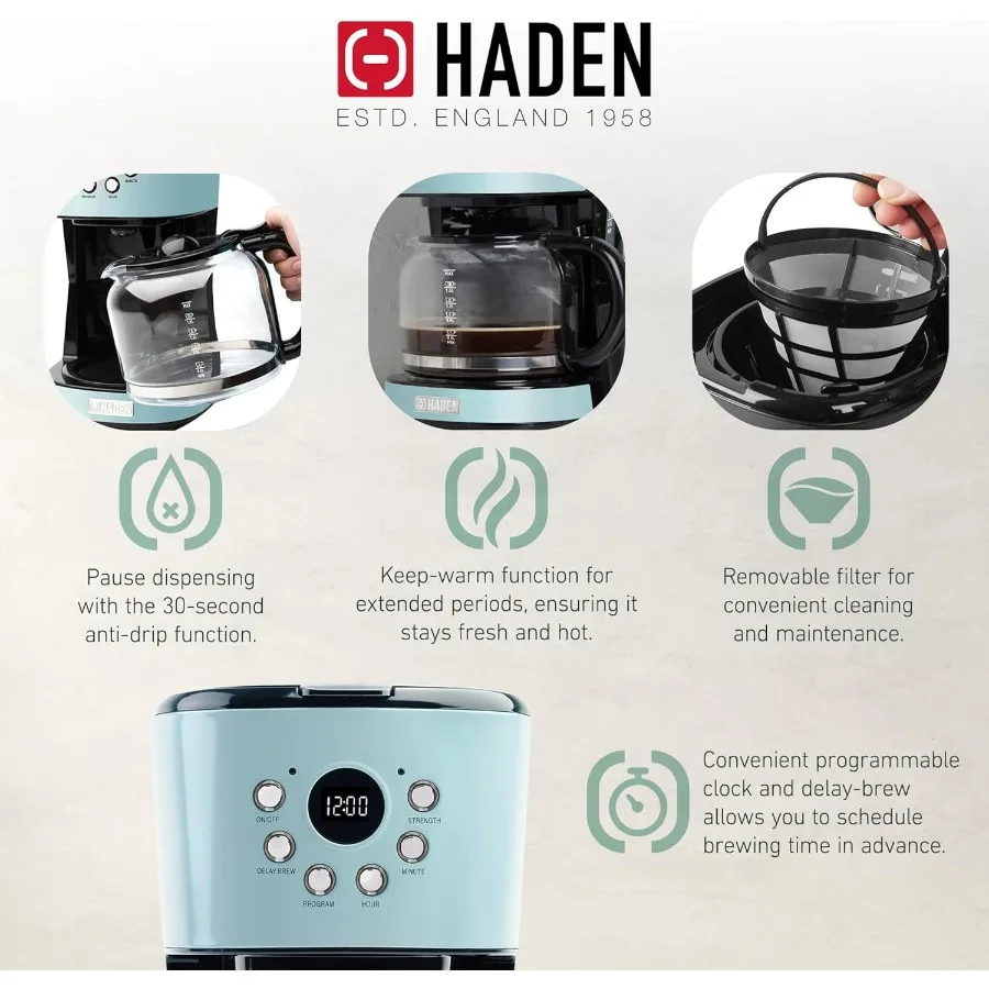 ماكينة صنع القهوة بالتنقيط القابلة للبرمجة سعة 12 كوبًا مع محمصة خبز متكاملة من الفولاذ المقاوم للصدأ بفتحة واسعة من الفولاذ المقاوم للصدأ باللون الفيروزي والكروم #6