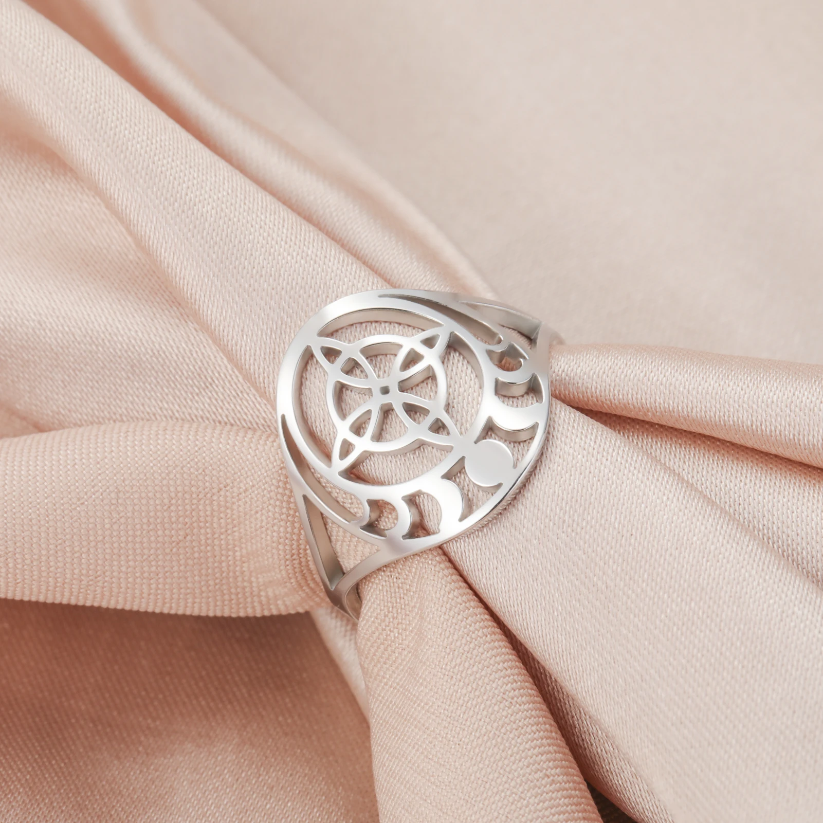Geometric Moon Phase Flower Witch Knot Stainless Steel Ring Protection Gift for Women