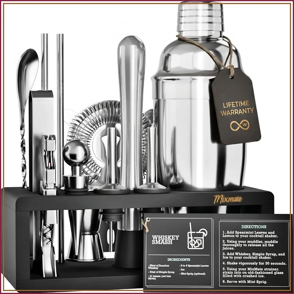 

15-Piece Mixology Bartender Kit with Stand - Cocktail Shaker Set for Home Bar, Includes Martini Shaker, Jigger, Strainer, Spoon, Tongs, Opener, and Recipe Book