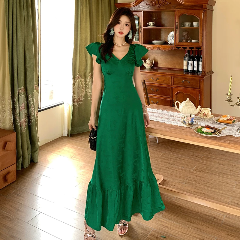 French Vintage New Summer Green Satin Long Mermaid Dress Elegant Women V Neck Ruffles Sleeve Jacquard High Waist Prom Party Robe