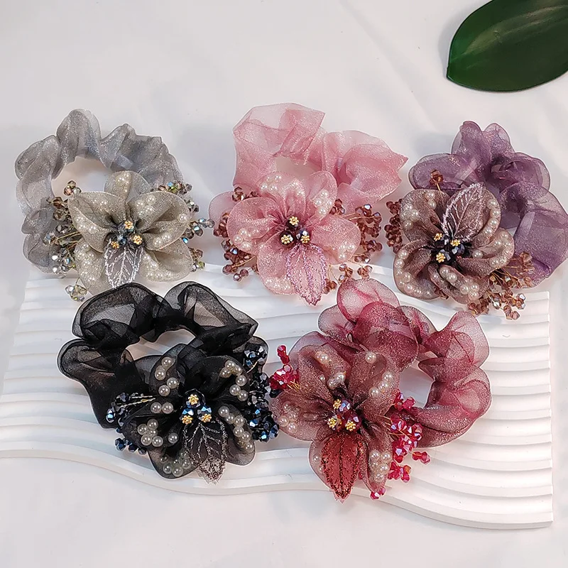 Neue Organza-Blumen-Accessoires Coletero Grande Para Cabello Scrunchies Kroattoкики Волос Kristall-Haarseil für Damen – Detail 11