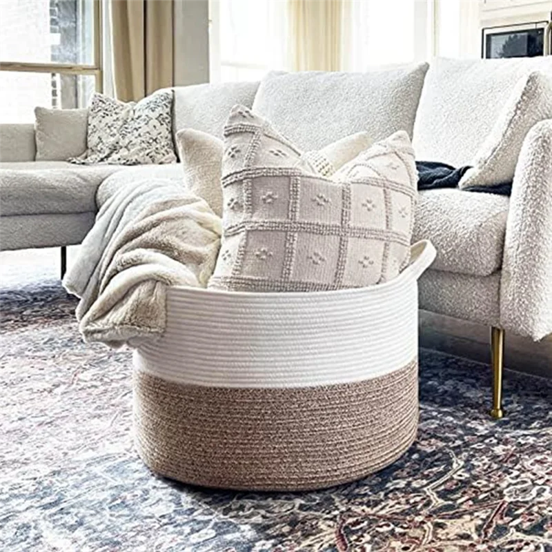 سلة حبل قطن HHTL حوالي 22 بوصة × 14 بوصة سلة ألعاب مع لحاف تخزين بمقبض #2