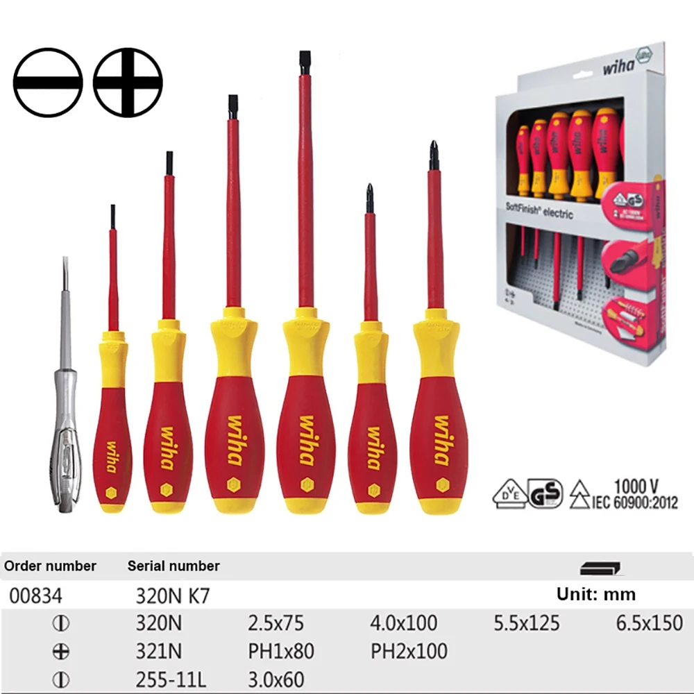 

Wiha 00834 Мягкая отделка VDE ® Набор электрических отверток, 7 шт., тестер напряжения Phillips с шлицем