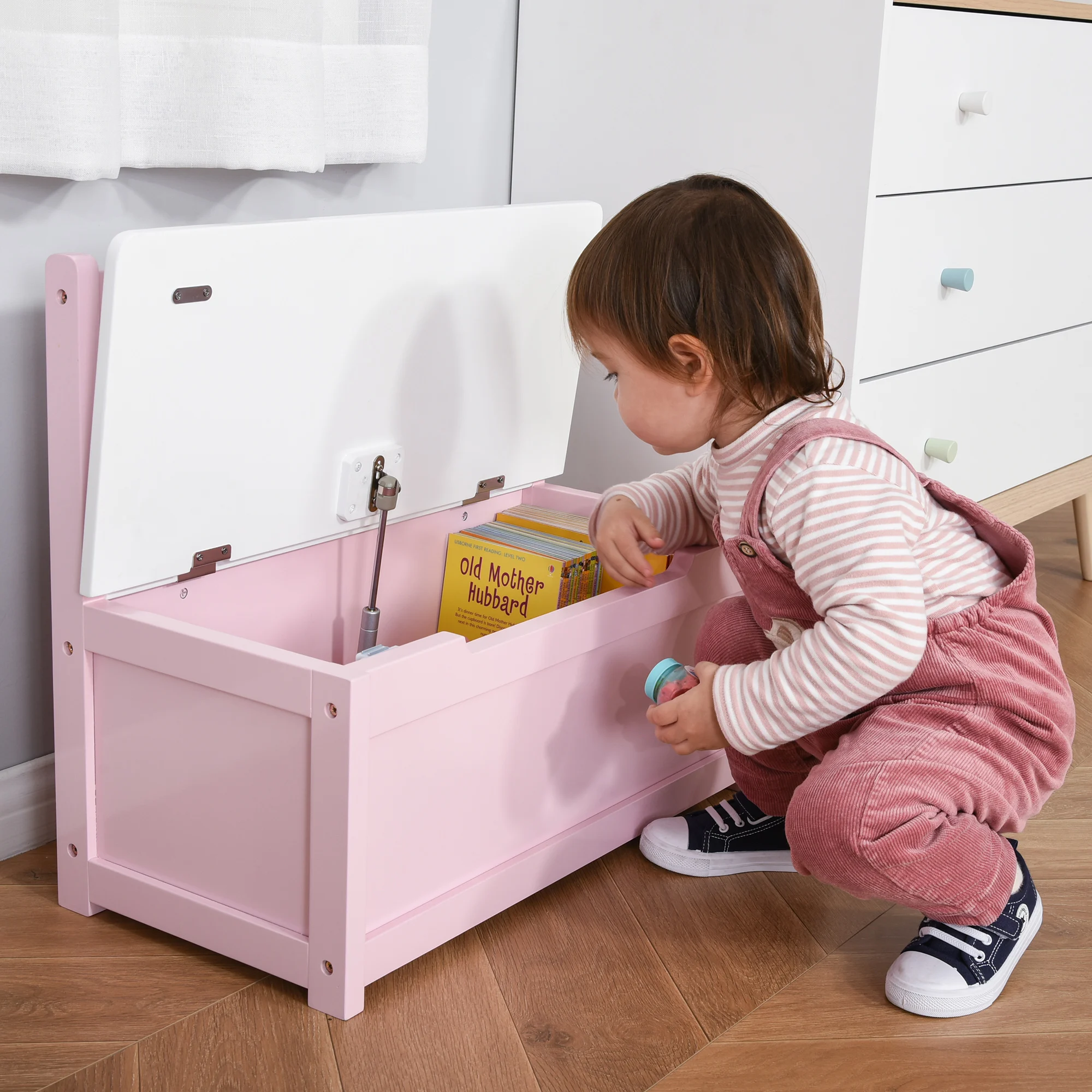 

Kids 2-in-1 Wooden Toy Storage Box Seat Bench Storage Chest w/ Pneumatic Rod