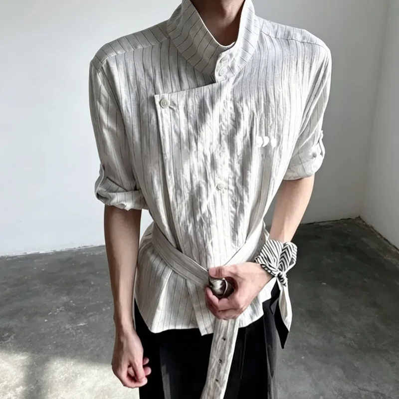 2026 Summer New Striped Short Sleeve Elegant Shirt Jacket Mid Length Retro Waist Defining Slim Fit Fashion Top for men