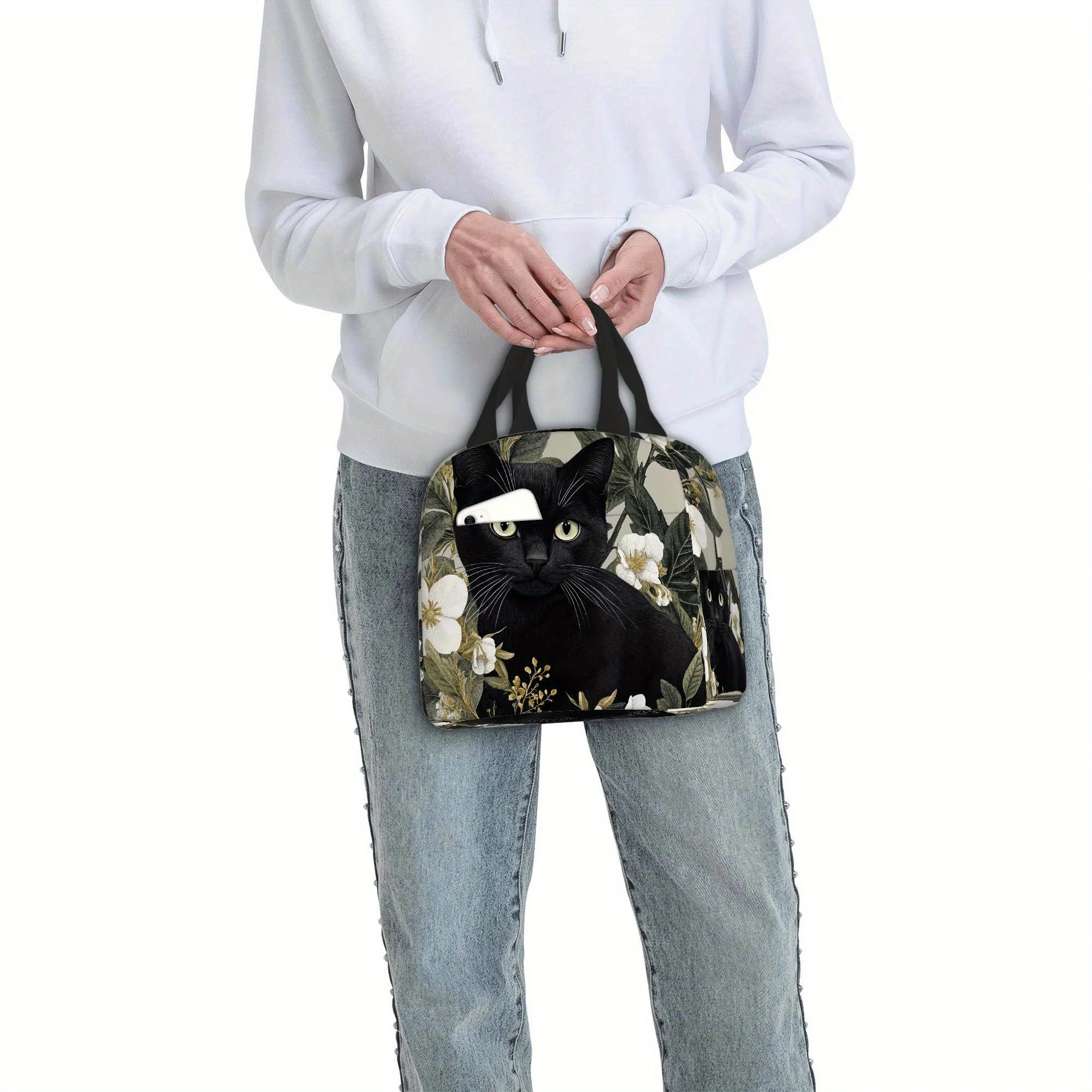 Thermal Insulated Bag Black Cat Floral Design Non-Food Contact Portable Thermal Insulation for Home Office Restaurants Travel