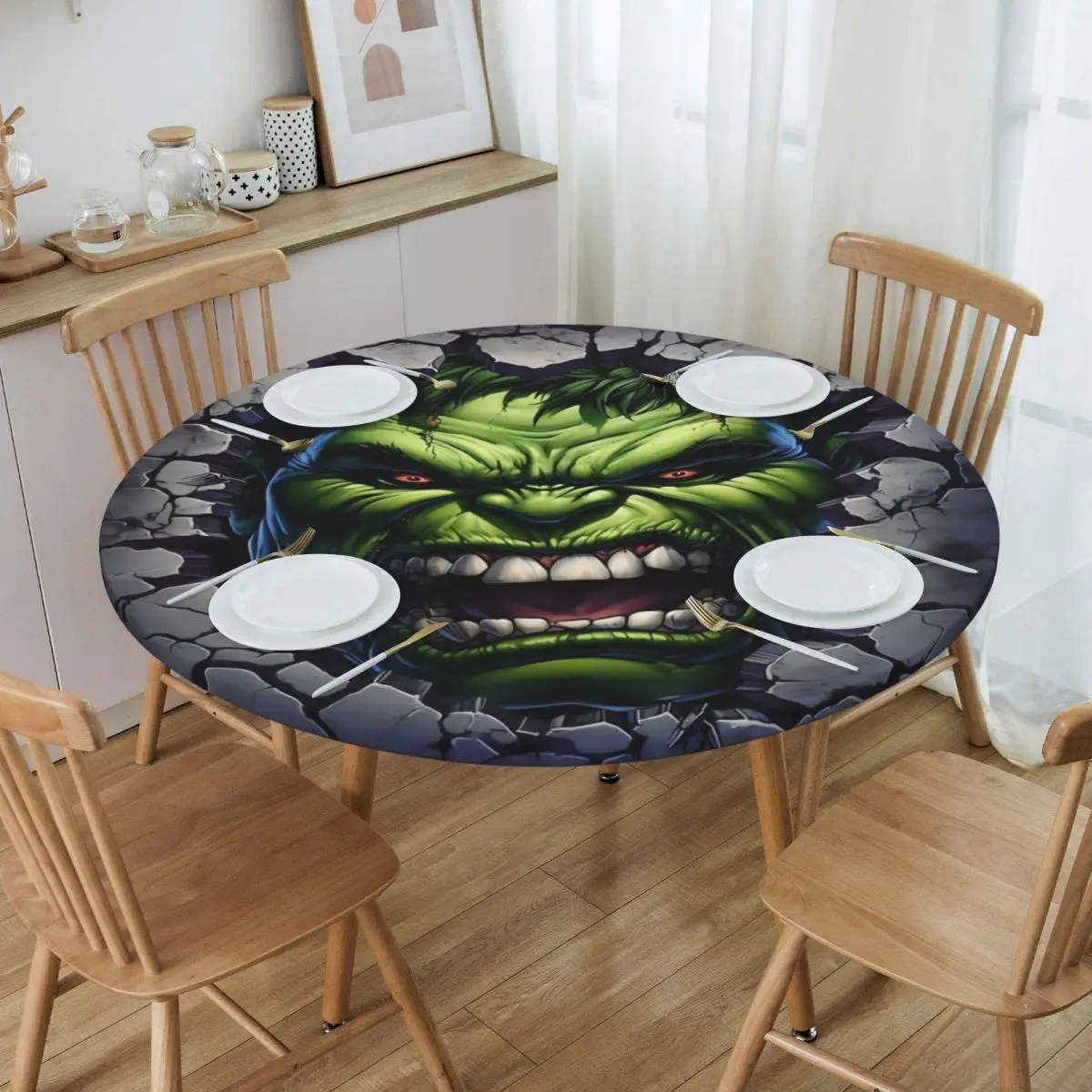 Custom Round Oilproof Disney Iron Man Marvel Film Hulk Table Cover Elastic Fitted Table Cloth Backed Edge Tablecloth for Dining