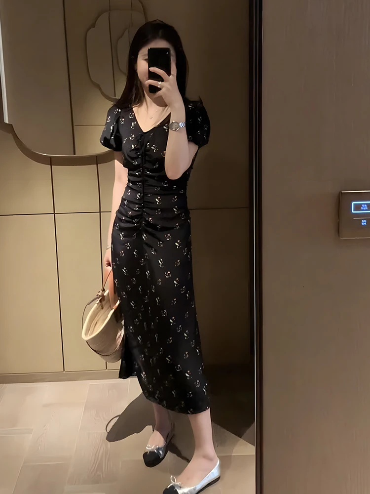 

Hebe Style Women's V-neck Puffy Sleeve Dress Summer 2026 Fashion Slimming A-line Waist-cinching Short Dress Korean Style