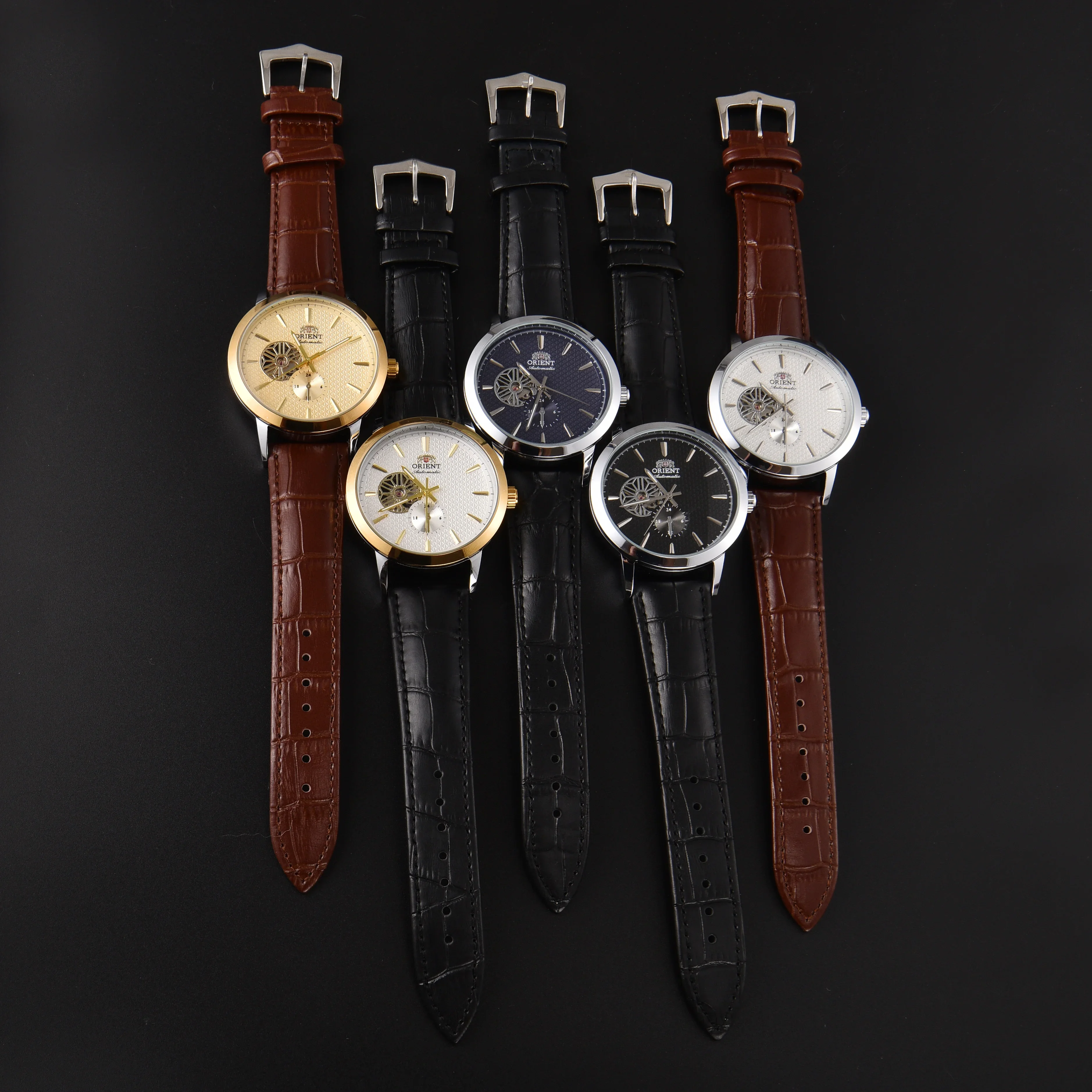 ساعة ORIENT للرجال ذات هيكل عظمي ميكانيكي أوتوماتيكي وهيكل فضي من الجلد البني وساعة يد للأعمال وتاريخ فاخر