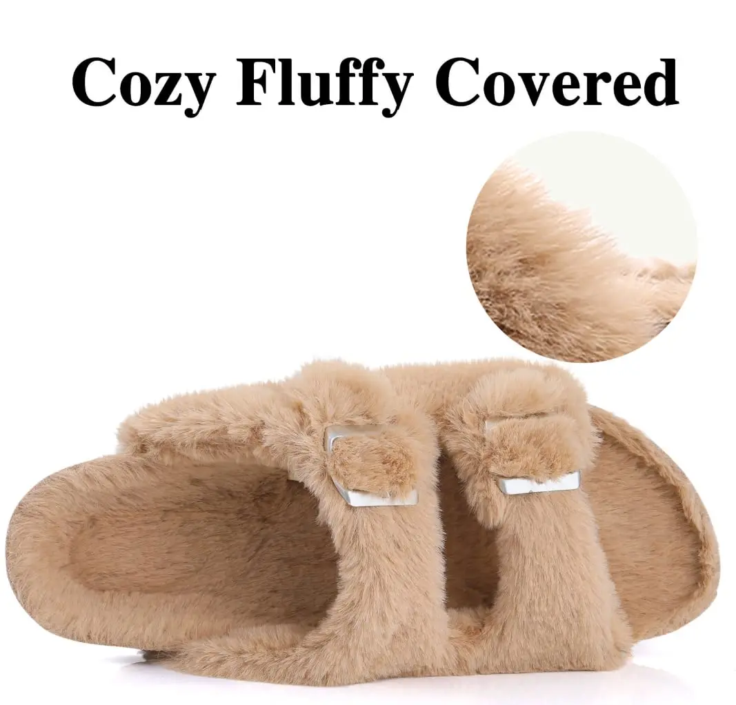 Goosecret Women Fur Fuzzy Slippers Fashion Cork Footbed Fluffy Sandals Open Toe Indoor House Short Plush Shoes With Arch Support