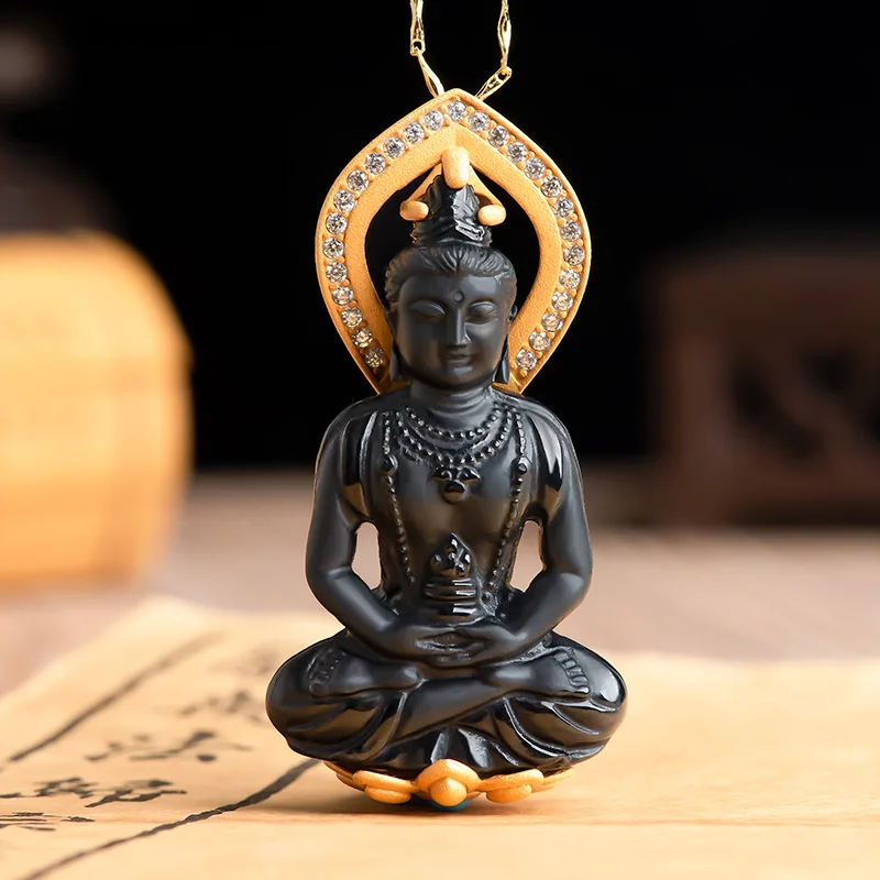 

Authentic S925 silver inlaid natural A-grade jade ink jade Amitabha Buddha jade pendant fashionable and simple women's jewelry