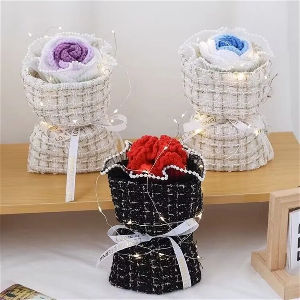 Knitted Flower Rose Simulation Flowers Mini Crochet Flowers Bouquet Home Table Decor Wedding Valentine's Day Gift Floral Decor